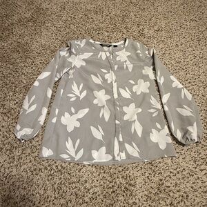 Lands' End Gray and White Floral Blouse